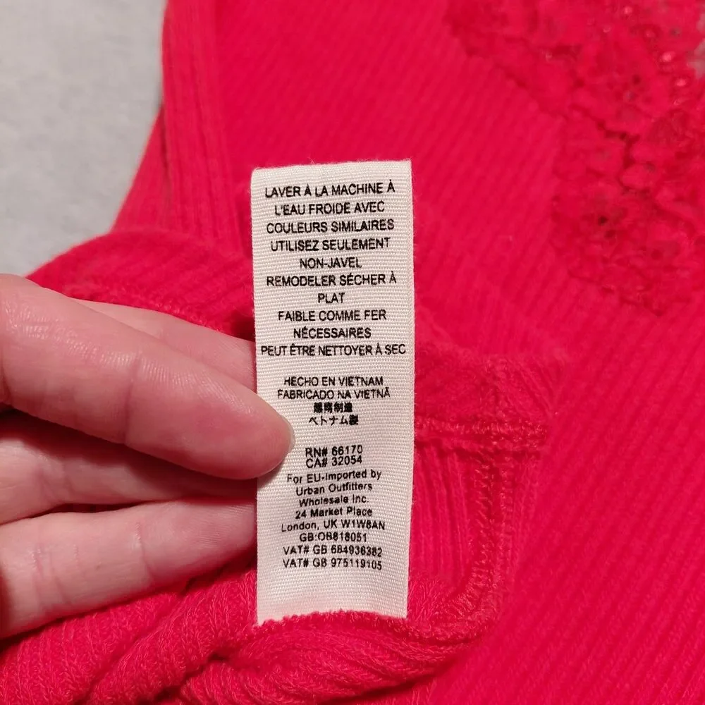 Y2K Free People To The West Red Ribbed Lace Trim Button Henley Long Sleeve Sz S